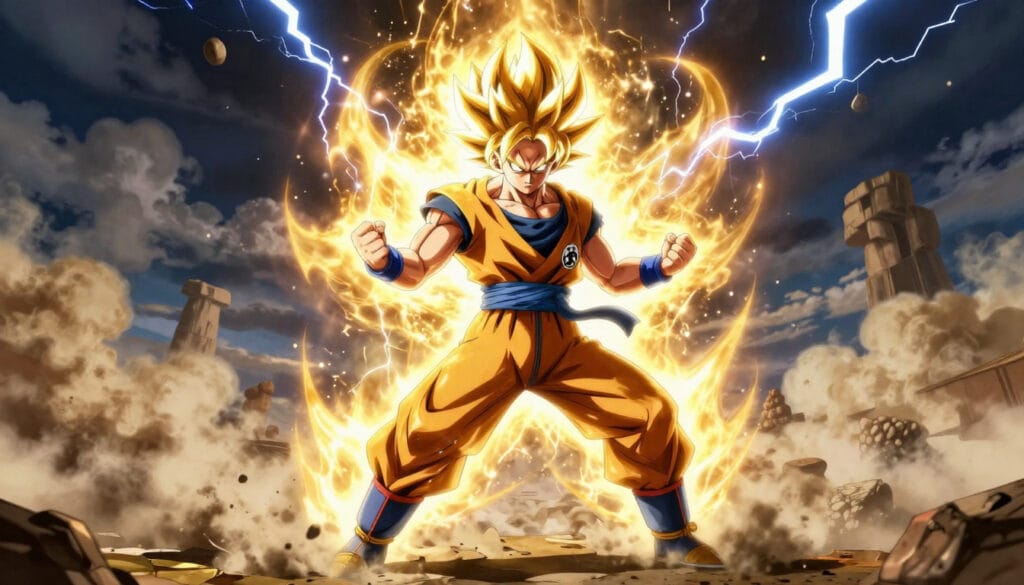 Dragon Ball Super Saiyan warrior powering up with golden energy aura and lightning