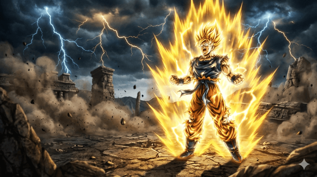 Anime warrior powering up with golden energy aura and lightning in a разрушed battlefield