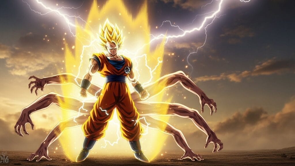 Dragon Ball Super Saiyan warrior with golden aura and lightning, unleashing overwhelming power