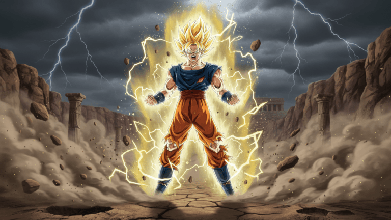 Dragon Ball Super Saiyan Goku powering up with golden aura and lightning energy