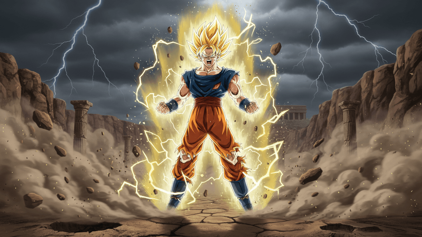 Dragon Ball Super Saiyan Goku powering up with golden aura and lightning energy