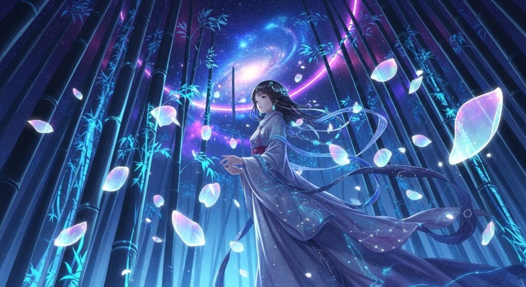 Netflix Anime March 2026 "Cosmic Princess Kaguya" glowing in a mystical bamboo forest under stars