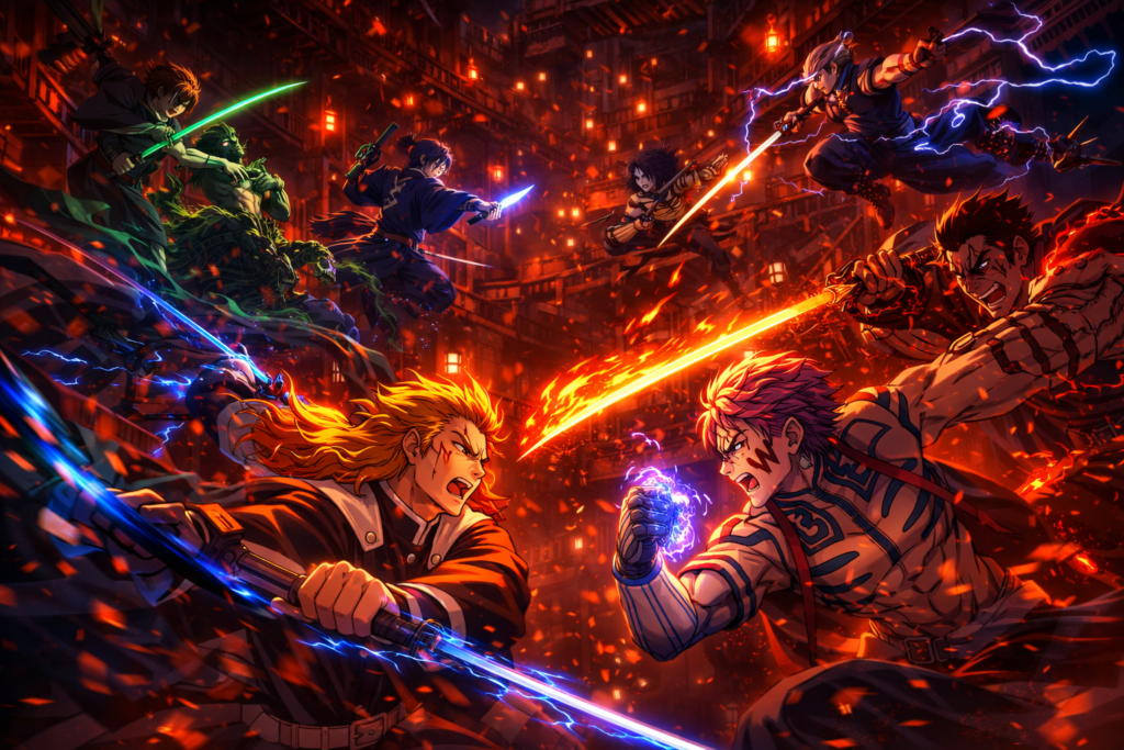 Demon Slayer: Kimetsu no Yaiba Hashira warriors fighting Upper Moon demons inside Infinity Castle