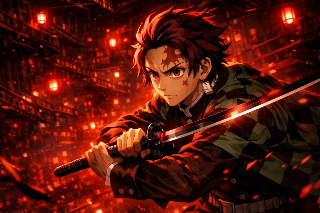 Demon Slayer: Kimetsu no Yaiba Tanjiro holding sword inside dark Infinity Castle battle