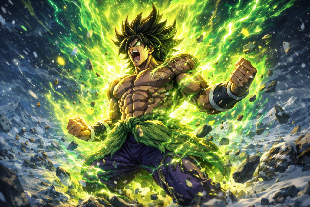 Dragon Ball Super Broly's power eruption in a snowstorm