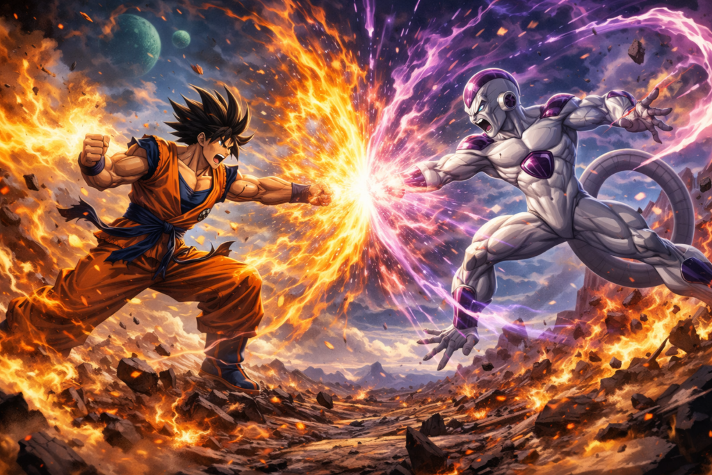 Dragon Ball Z epic battle between Goku and Frieza on alien battlefield