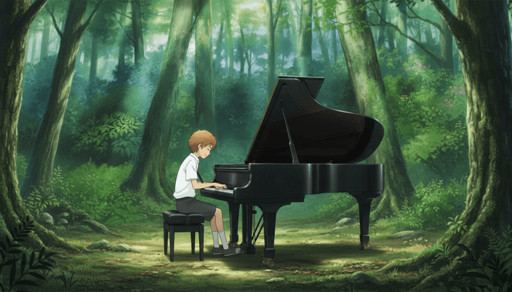 Netflix Anime March 2026 "Forest of Piano" boy plays grand piano in lush green forest