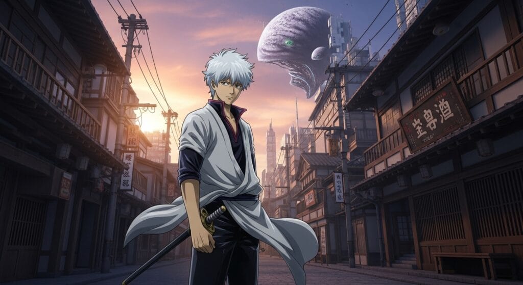 Netflix Anime March 2026 "Gintama" samurai stands in Edo street at sunset under alien sky