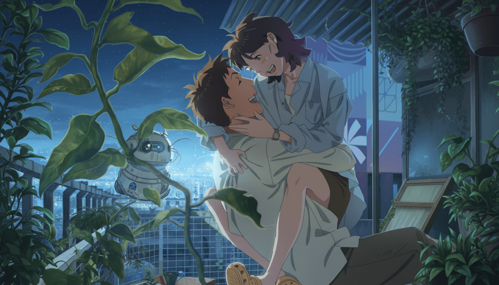 Netflix Anime March 2026 "Lost in Starlight" couple embrace on balcony under night sky