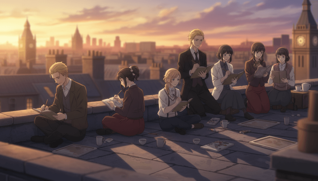 Netflix Anime March 2026 "Love Through a Prism" artists sketch on London rooftop at sunset