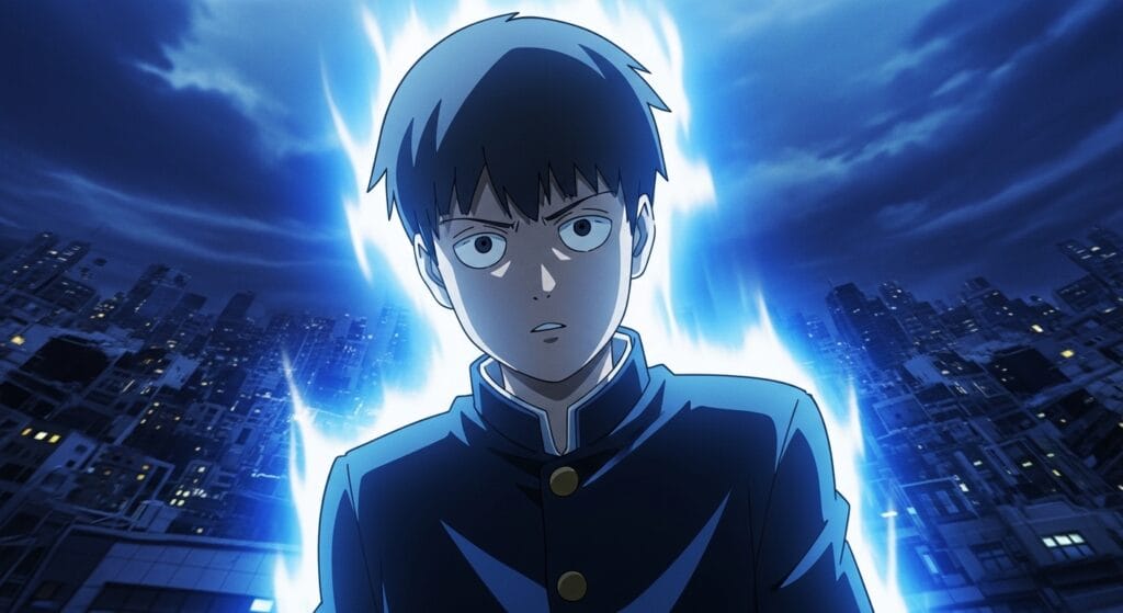 Netflix Anime March 2026 "Mob Psycho 100" hero stands in blue aura over city skyline