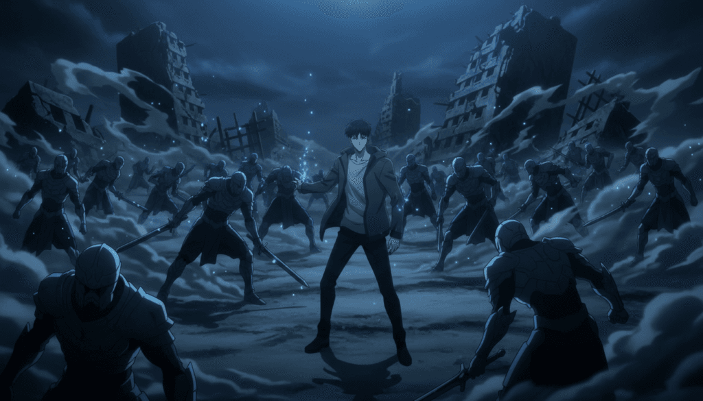 Solo Leveling anime Sung Jin-Woo summoning his shadow army in a ruined city battlefield at night with blue aura energy surrounding him