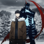 Solo Leveling anime Sung Jin-Woo standing in a snowy forest with his powerful shadow warrior looming behind him in a dramatic winter scene