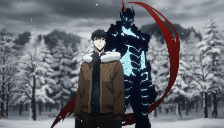 Solo Leveling anime Sung Jin-Woo standing in a snowy forest with his powerful shadow warrior looming behind him in a dramatic winter scene
