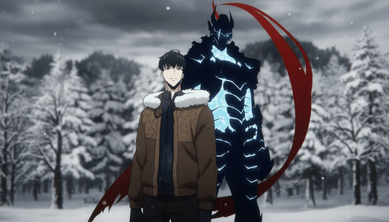 Solo Leveling anime Sung Jin-Woo standing in a snowy forest with his powerful shadow warrior looming behind him in a dramatic winter scene