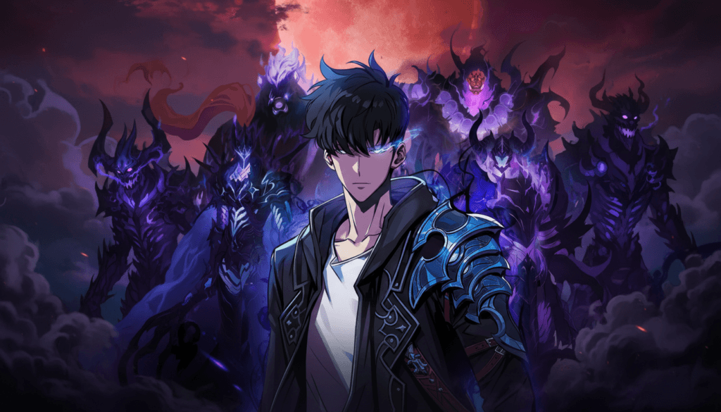 Solo Leveling anime Sung Jin-Woo standing before his powerful shadow army under a red moon with dark purple energy surrounding him