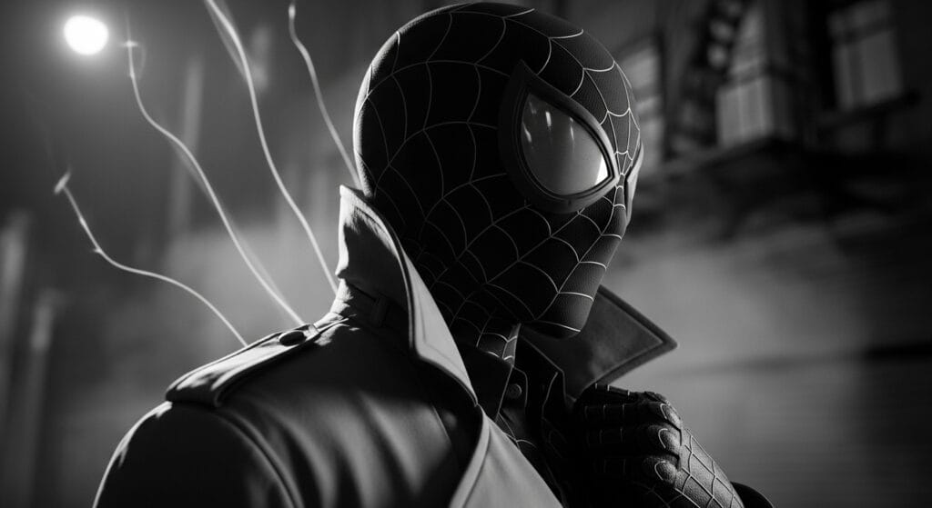Close-up of Spider Noir mask in black and white lighting with intense shadow contrast