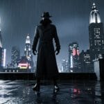 Spider Noir standing on a 1930s rooftop in a cinematic rain scene with dramatic noir lighting