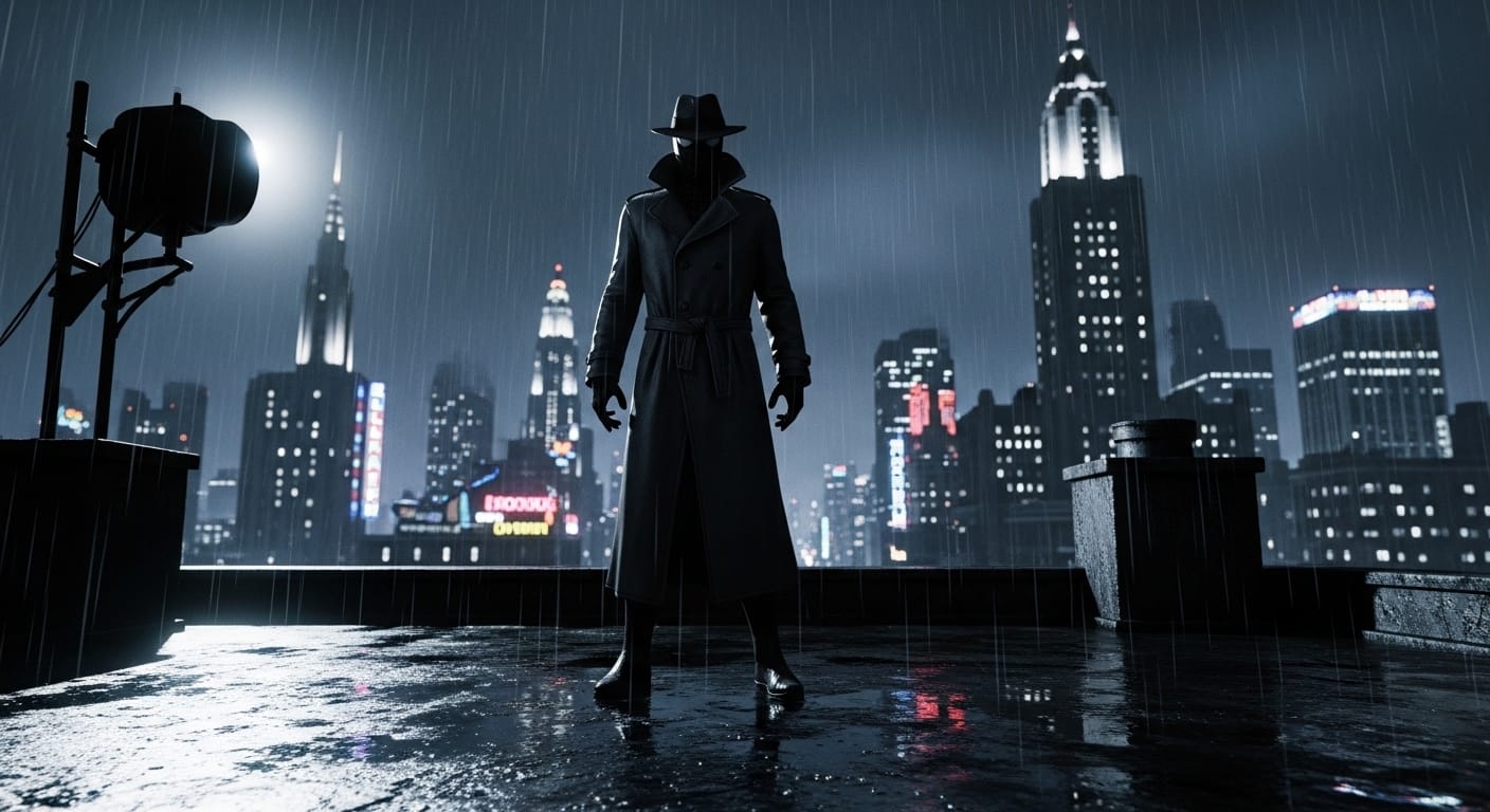 Spider Noir standing on a 1930s rooftop in a cinematic rain scene with dramatic noir lighting