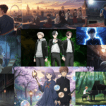 Netflix Anime March 2026 collage featuring romantic rooftop scenes, intense track racing, supernatural high school heroes, glowing psychic powers, samurai action, magical fantasy characters, and a pianist in a forest, showcasing diverse upcoming anime genres and cinematic visuals.