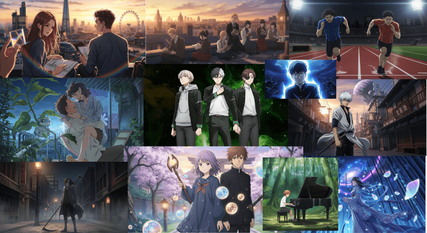 Netflix Anime March 2026 collage featuring romantic rooftop scenes, intense track racing, supernatural high school heroes, glowing psychic powers, samurai action, magical fantasy characters, and a pianist in a forest, showcasing diverse upcoming anime genres and cinematic visuals.