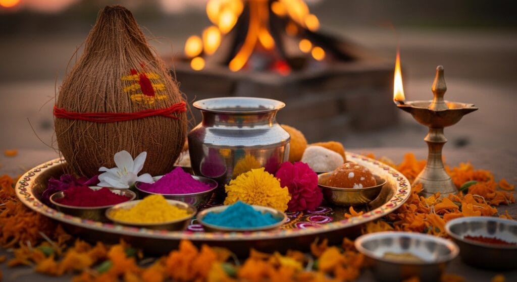 Holi puja thali mein nariyal, kalash, gulal ke rang, mithai, phool aur jalta hua diya, peeche Holika Dahan ki aag.