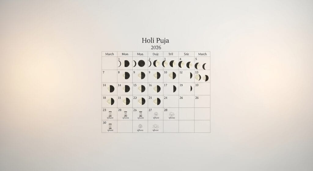 Holi Puja 2026 ka calendar chart dikhata hua, jisme holi puja timing 2026 aur March ke dates ke saath moon phases mention hain.