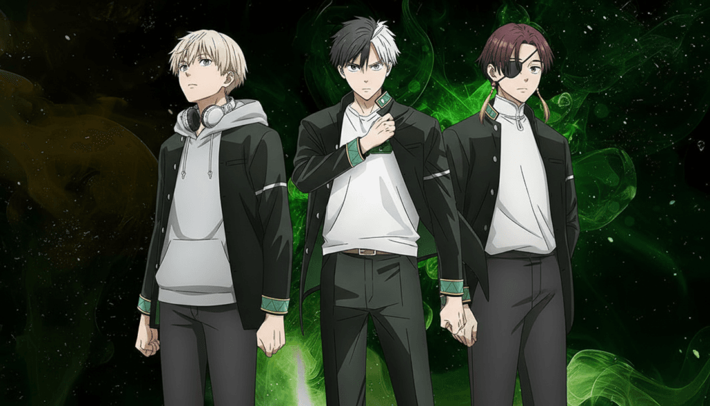 Netflix Anime March 2026 "Wind Breaker" key visual with three tough high school fighters. green aura