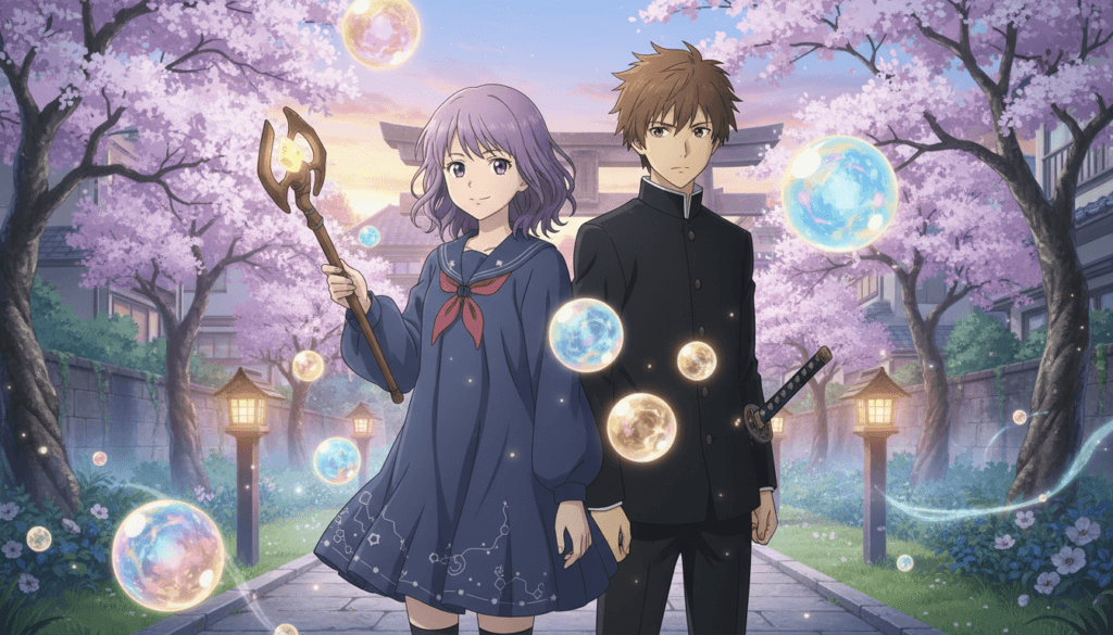 Netflix Anime March 2026 "Witch Watch" magical teens under cherry blossoms with glowing orbs at dusk