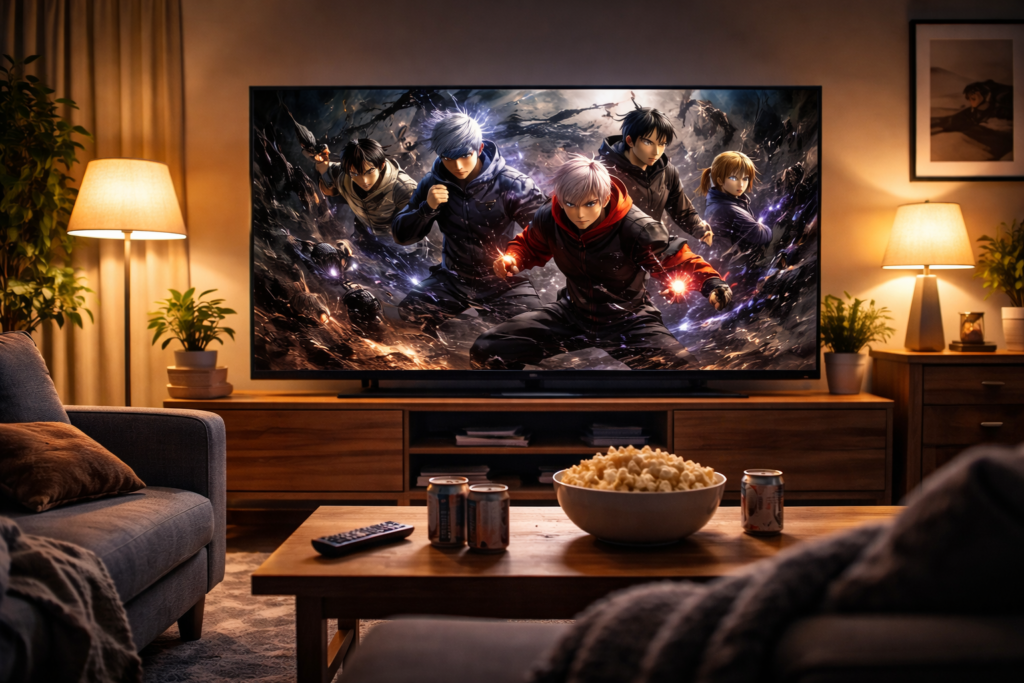 Jujutsu Kaisen Season 2 Netflix release streaming on TV in modern living room with cinematic lighting and anime viewing setup