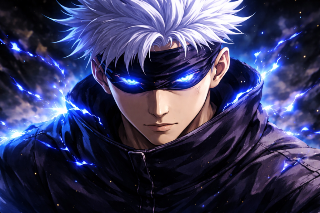 Jujutsu Kaisen Season 2 Netflix release Satoru Gojo close-up with glowing blue eyes and intense aura energy cinematic portrait