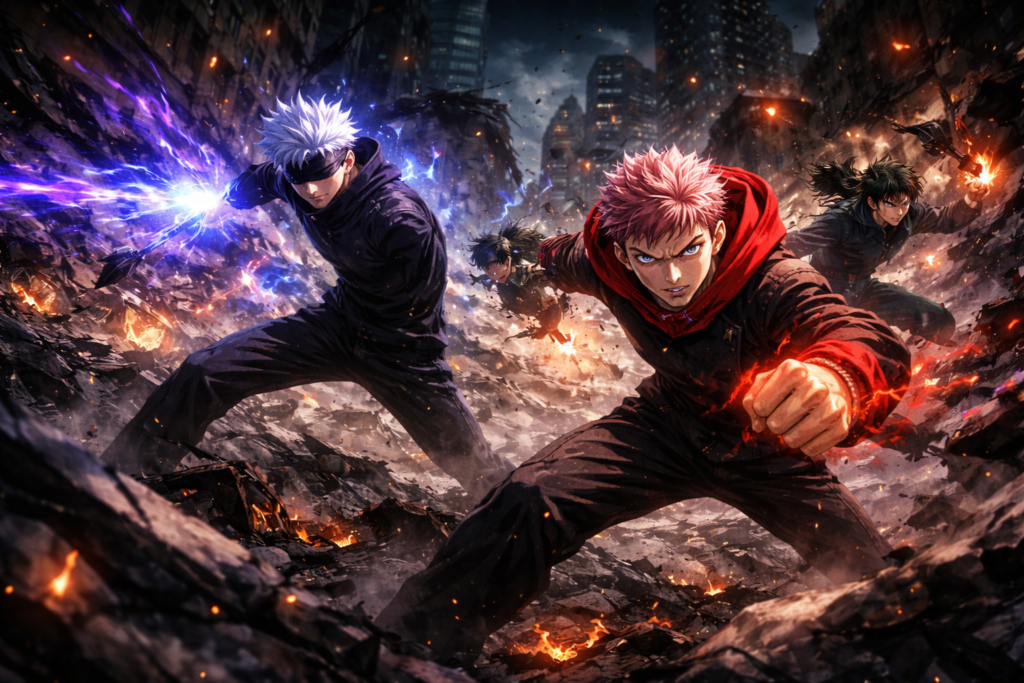Jujutsu Kaisen Season 2 Netflix release Shibuya battle chaos with destroyed city, glowing cursed energy, and cinematic night action scene