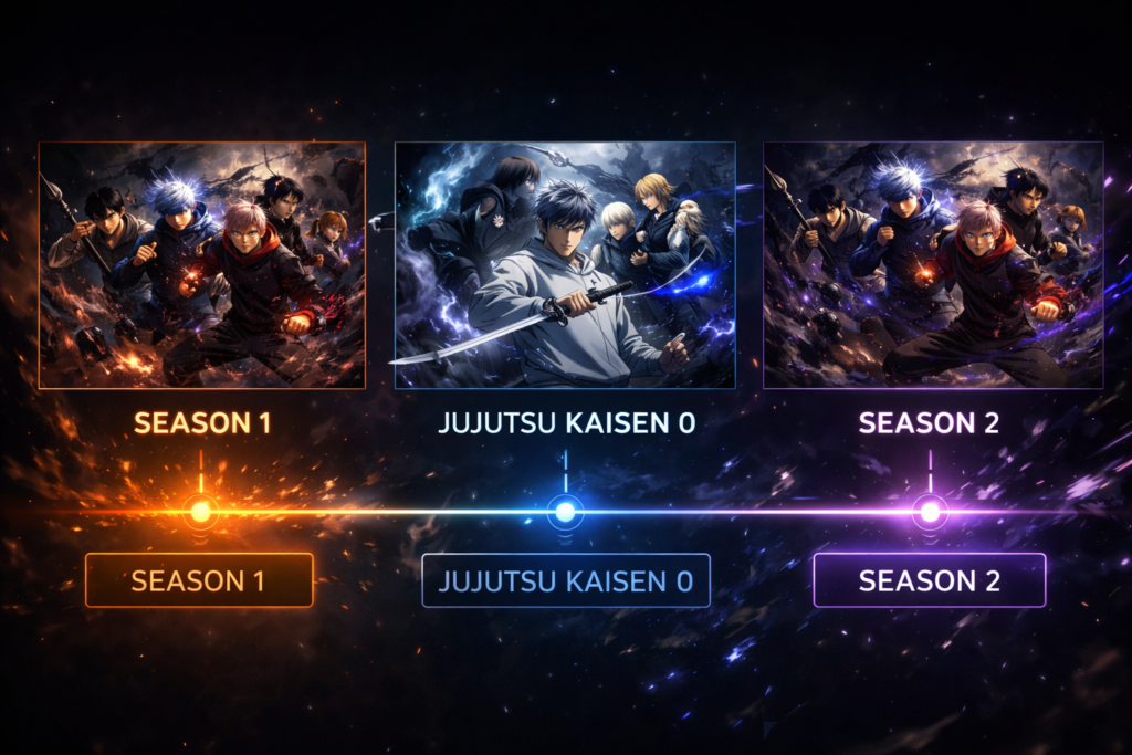 Jujutsu Kaisen Season 2 Netflix release timeline infographic showing anime seasons progression with glowing elements and cinematic design