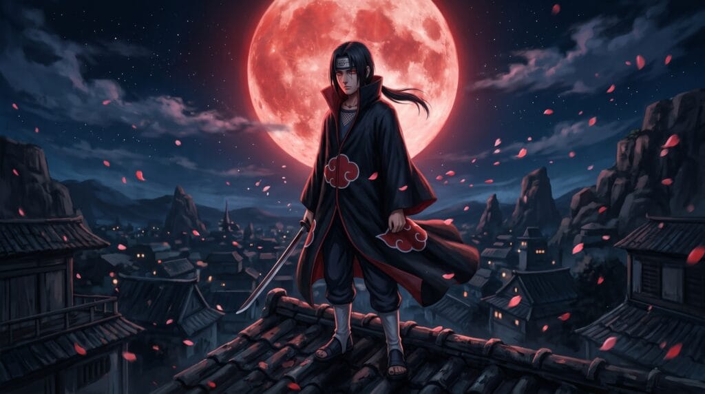 Itachi Uchiha from Naruto in black Akatsuki cloak standing under blood-red moon with Sharingan eyes glowing