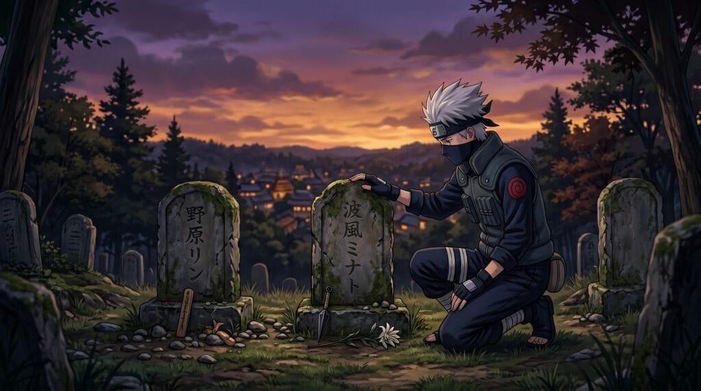 Kakashi Hatake from Naruto in dark mask kneeling alone before three graves at dusk with hand on gravestone