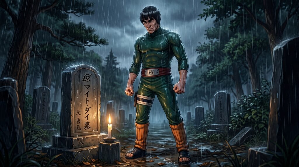 Kakashi Hatake from Naruto in dark mask kneeling alone before three graves at dusk with hand on gravestone