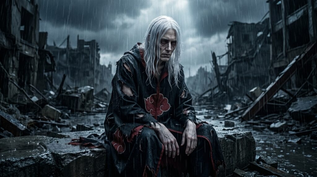 Nagato Pain from Naruto with silver hair and Rinnegan eyes sitting in rain-soaked village ruins in Akatsuki cloak