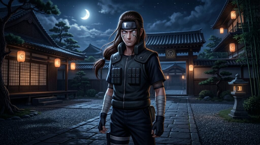 Neji Hyuga from Naruto with white Byakugan eyes and cursed seal standing before Hyuga clan compound at night