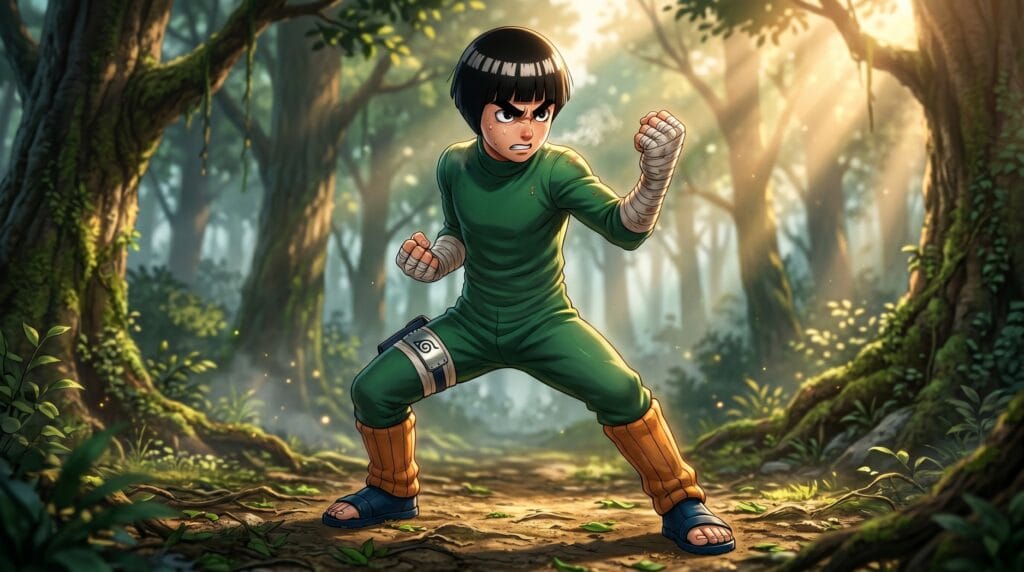 Rock Lee from Naruto in green jumpsuit training alone in forest at dawn with bandaged fists raised