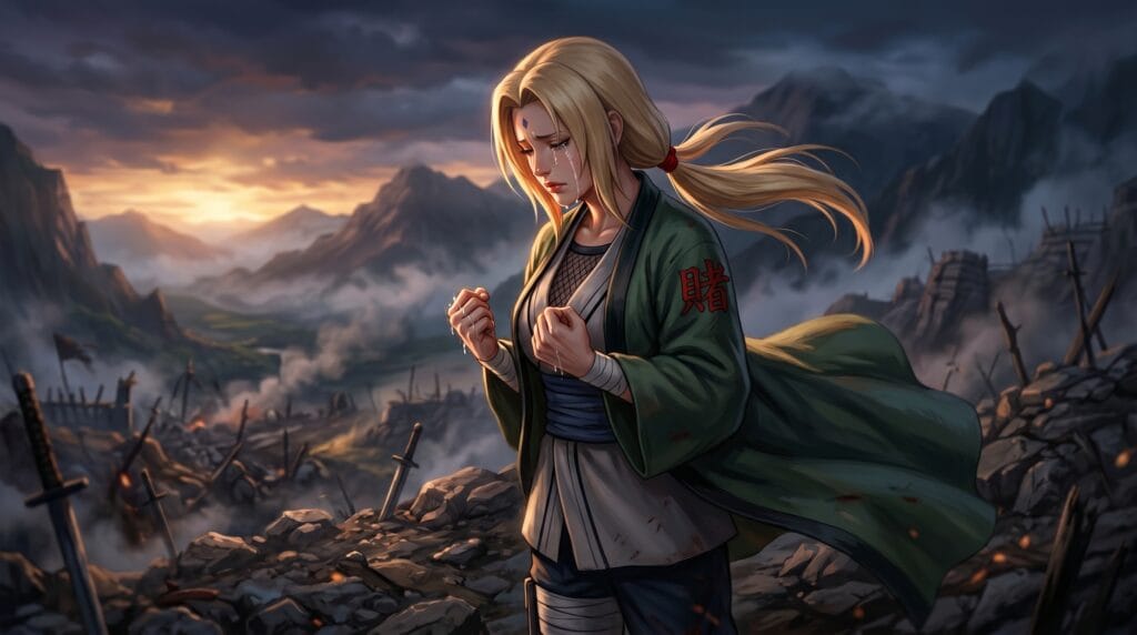Tsunade from Naruto in green haori standing on battlefield at dusk with tears on her face and trembling hands