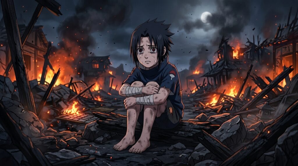Young Sasuke Uchiha from Naruto sitting alone in destroyed village ruins at night with Sharingan eyes glowing red