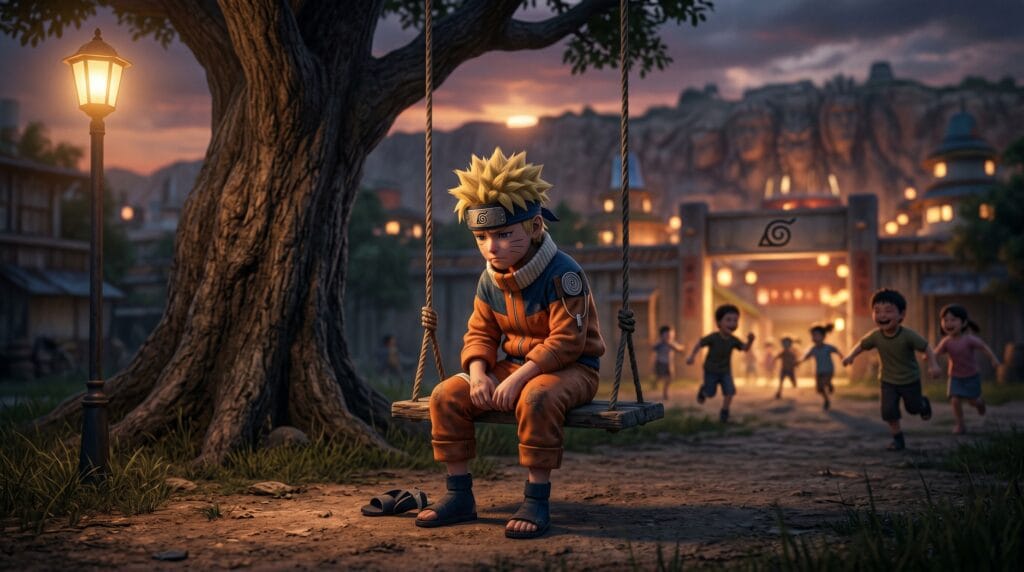 Young Naruto Uzumaki from Naruto in orange jumpsuit sitting alone on swing outside Konoha village gate at dusk