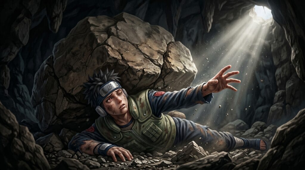 Young Obito Uchiha from Naruto crushed under boulder in dark cave reaching out with one hand toward the light