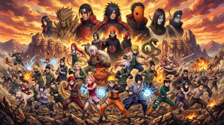Epic Naruto anime group illustration featuring Naruto, Sasuke, Itachi, Madara and all major characters in a dramatic battle scene