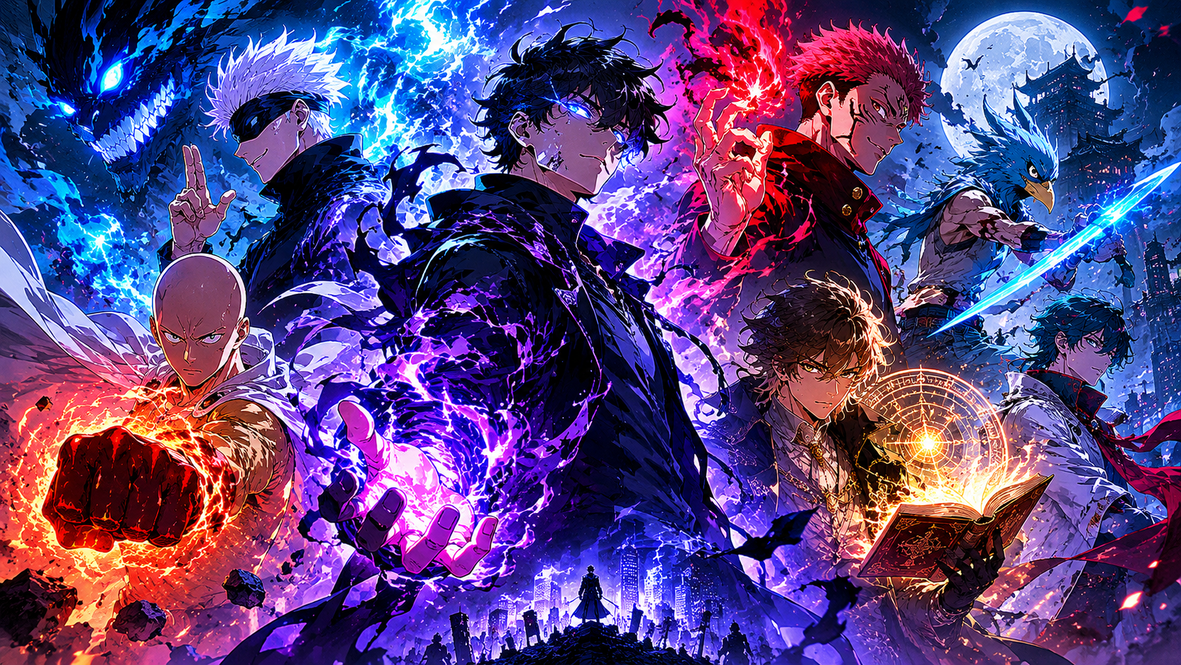 Anime heroes in cinematic action with glowing energy FX