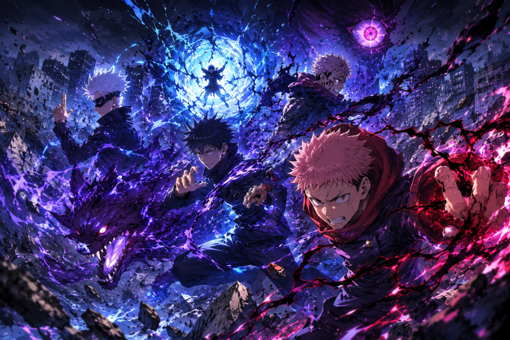 Anime sorcerers in cursed energy battle artwork 4K scene HDX