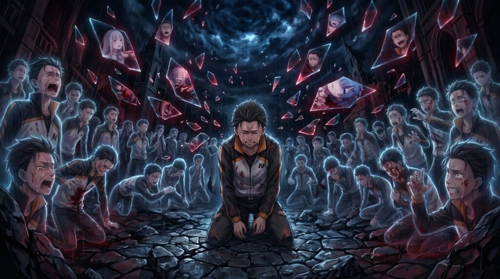Subaru Natsuki overwhelmed by the memories of countless Return by Death timelines, surrounded by ghostly versions of himself.
