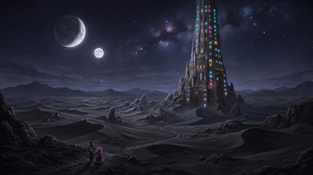 The ancient Pleiades Watchtower rising from a vast desert sea as Subaru Natsuki and Beatrice approach in the distance.