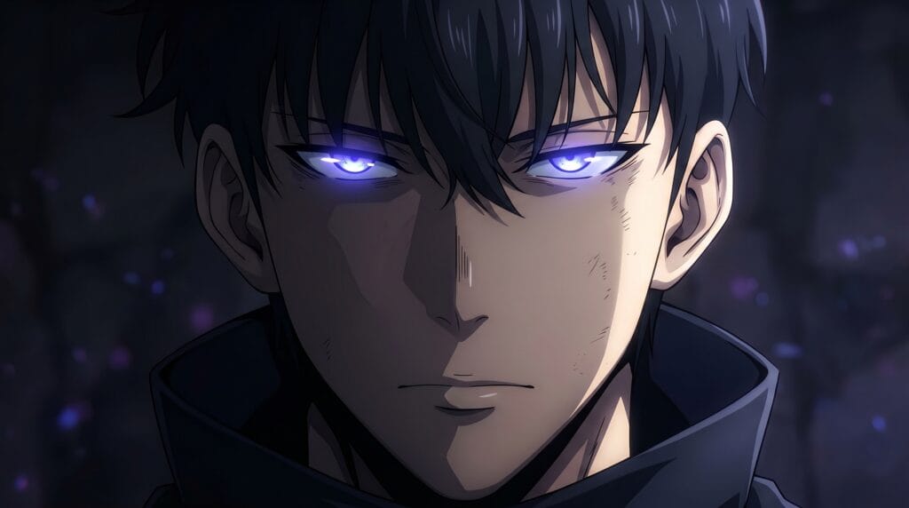 Close-up of Sung Jin-Woo with glowing purple eyes