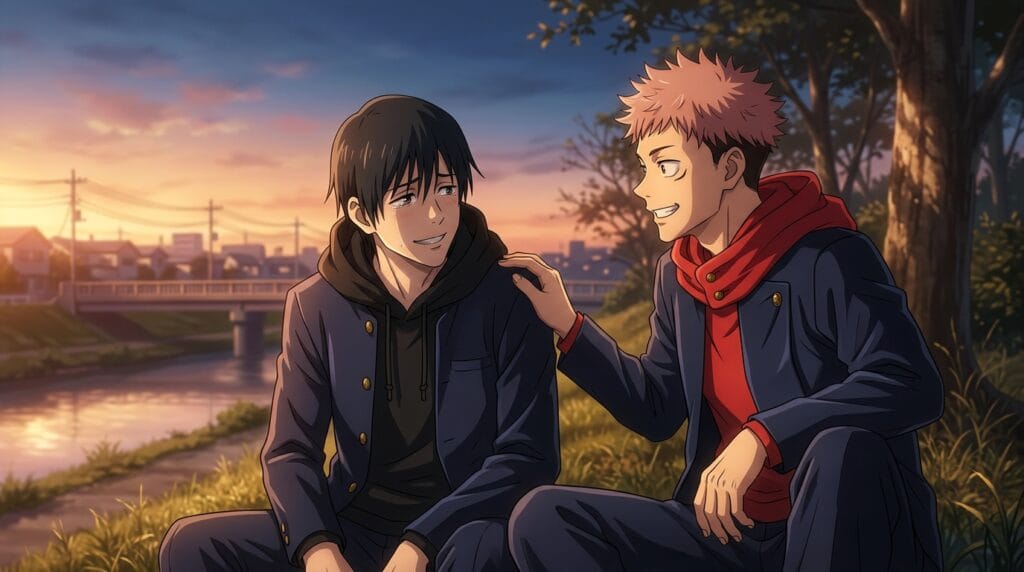Junpei and Yuji sharing emotional friendship before tragedy